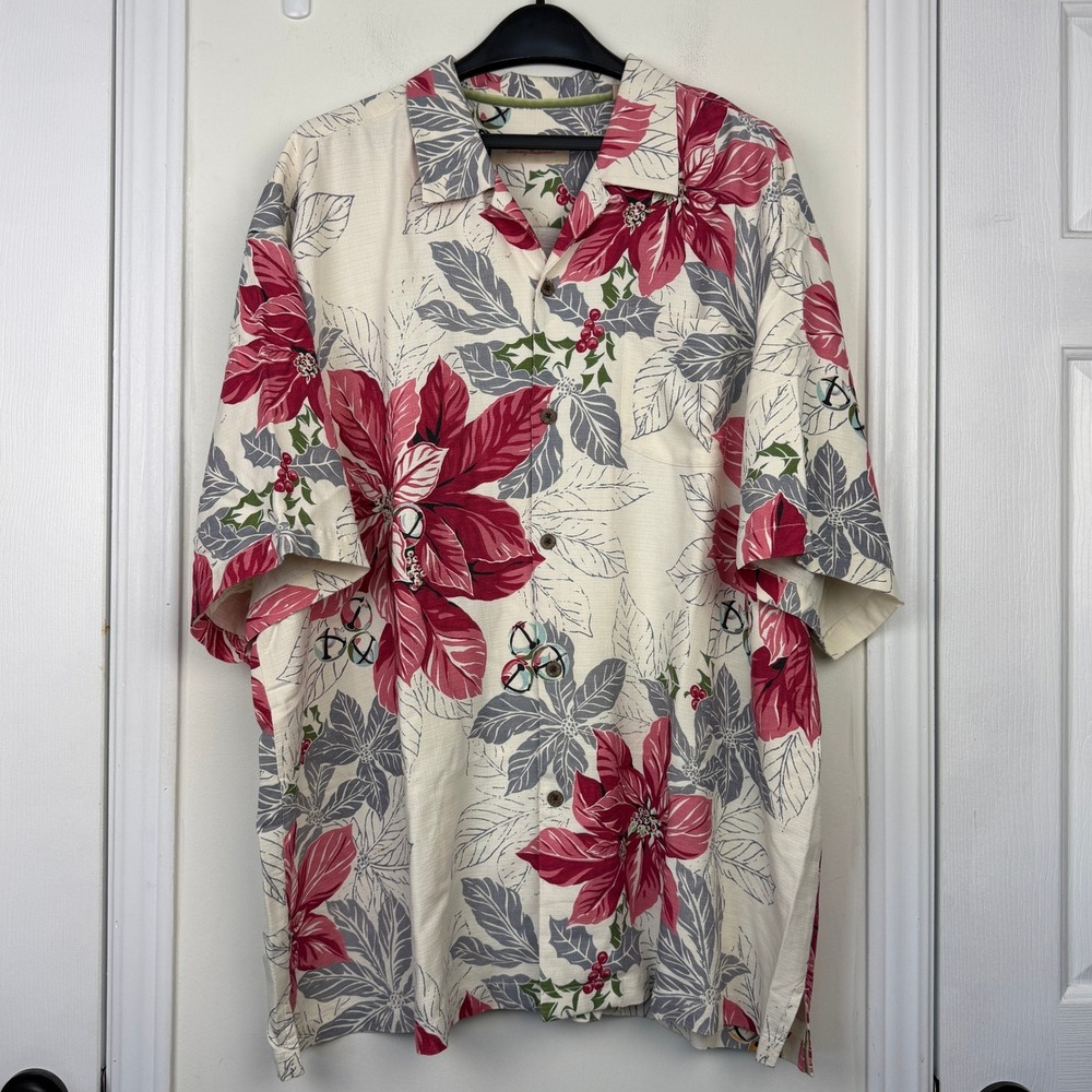 Tommy Bahama SILK Shirt Mens XXL Cream Holidays Christmas Poinsettia Surf Santa - Picture 5 of 11